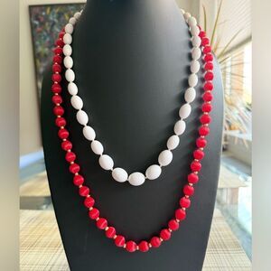Set of 2 Necklaces Red silk Wrap Beads & White Lucite Beaded Necklace.